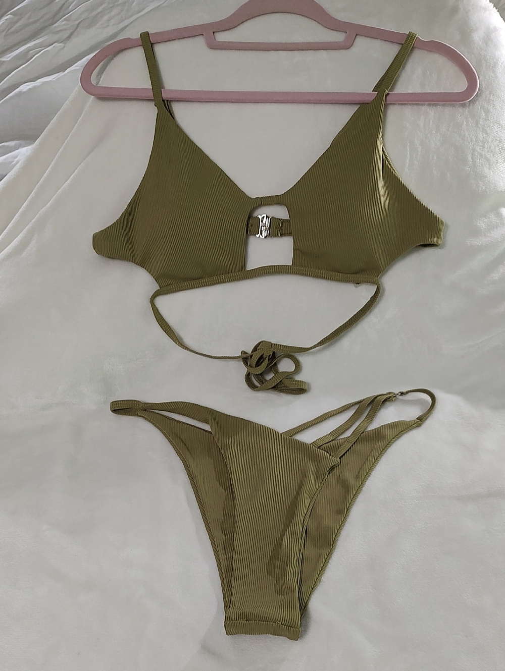 Zaful Olive Ribbed Tie-Back Bikini Set